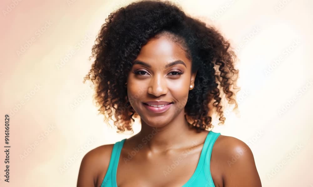 Portrait video of a cheerful Brazilian woman in her 30s wearing a sporty tank top against a pastel or soft colors background Portrait video of a cheerful Brazilian woman in her 30s wearing a sporty tank top against a pastel or soft colors background