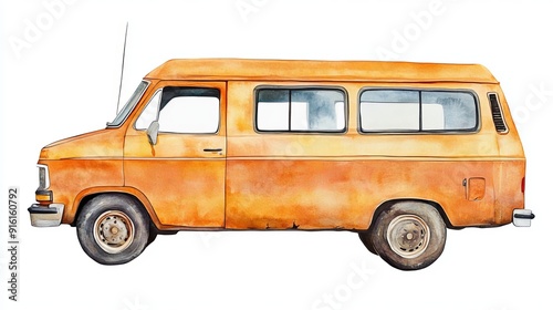 3D Watercolor Orange Van with Bold Outlines - Isolated Stock Image