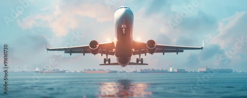 A commercial airplane takes off into the sky, ascending over a tranquil ocean with a vibrant sunset backdrop.