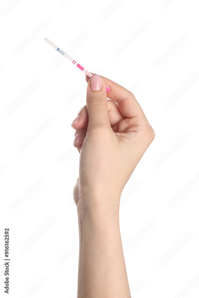 Woman holding pregnancy test on white background, closeup Woman holding pregnancy test on white background, closeup