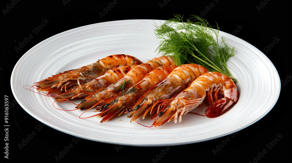 A plate of cooked shrimp garnished with herbs, showcasing a seafood dish. A plate of cooked shrimp garnished with herbs, showcasing a seafood dish.