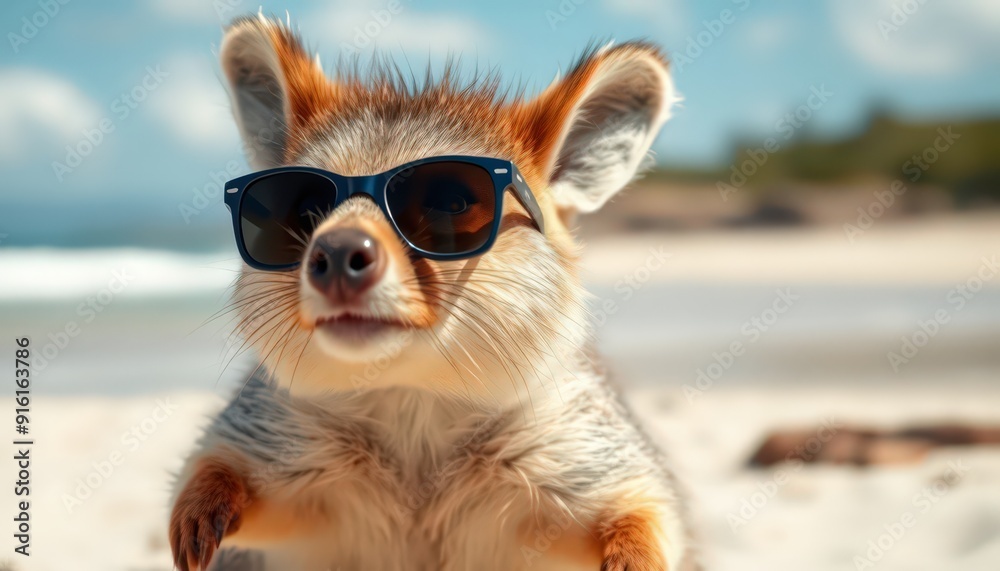 Fox wearing sunglasses on the beach. Fox wearing sunglasses on the beach.