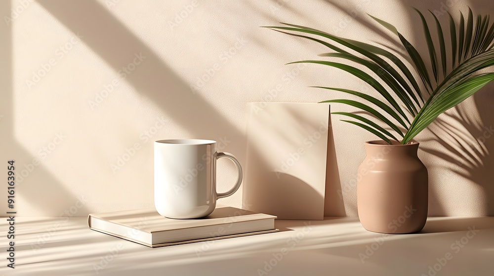 White mug on a neutral background, displayed with a minimalistic book or notebook White mug on a neutral background, displayed with a minimalistic book or notebook