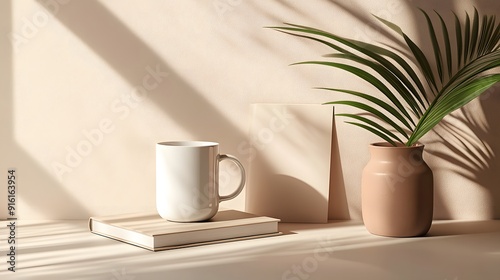 White mug on a neutral background, displayed with a minimalistic book or notebook