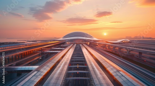 Modern train station with sleek architecture illuminated by a stunning sunset, showcasing futuristic design and serene beauty.