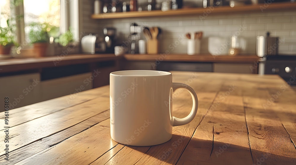 White mug in a minimalistic kitchen setting with soft, diffused light White mug in a minimalistic kitchen setting with soft, diffused light