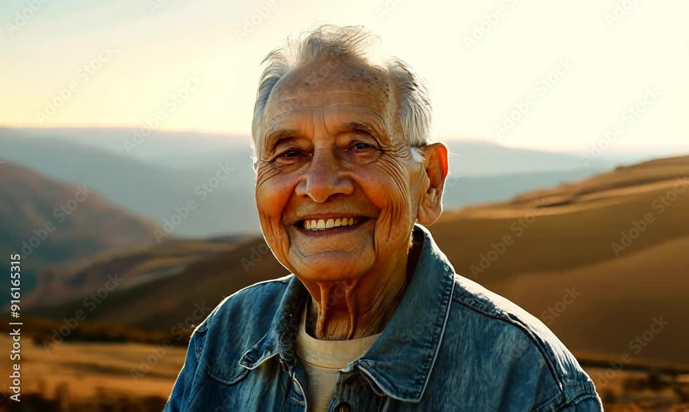 Environmental portrait video of a pleased elderly 100 years old man wearing a denim jacket against a panoramic landscape background Environmental portrait video of a pleased elderly 100 years old man wearing a denim jacket against a panoramic landscape background