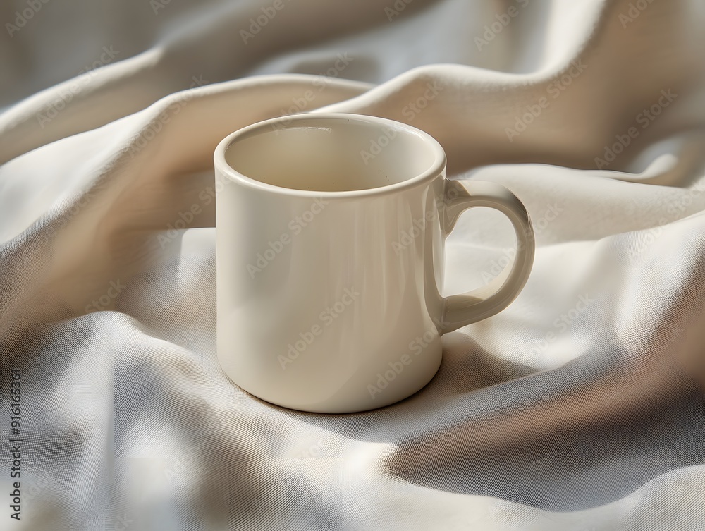 White mug displayed on a neutral fabric surface with a soft shadow White mug displayed on a neutral fabric surface with a soft shadow