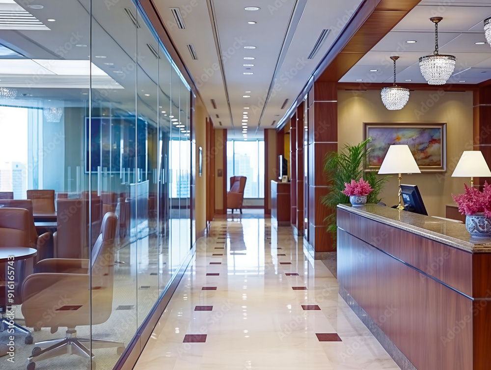 A long hallway with a glass wall and a wooden desk. The room is well lit and has a modern feel A long hallway with a glass wall and a wooden desk. The room is well lit and has a modern feel