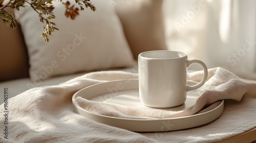 White mug on a simple, clean tray with a neutral-colored napkin