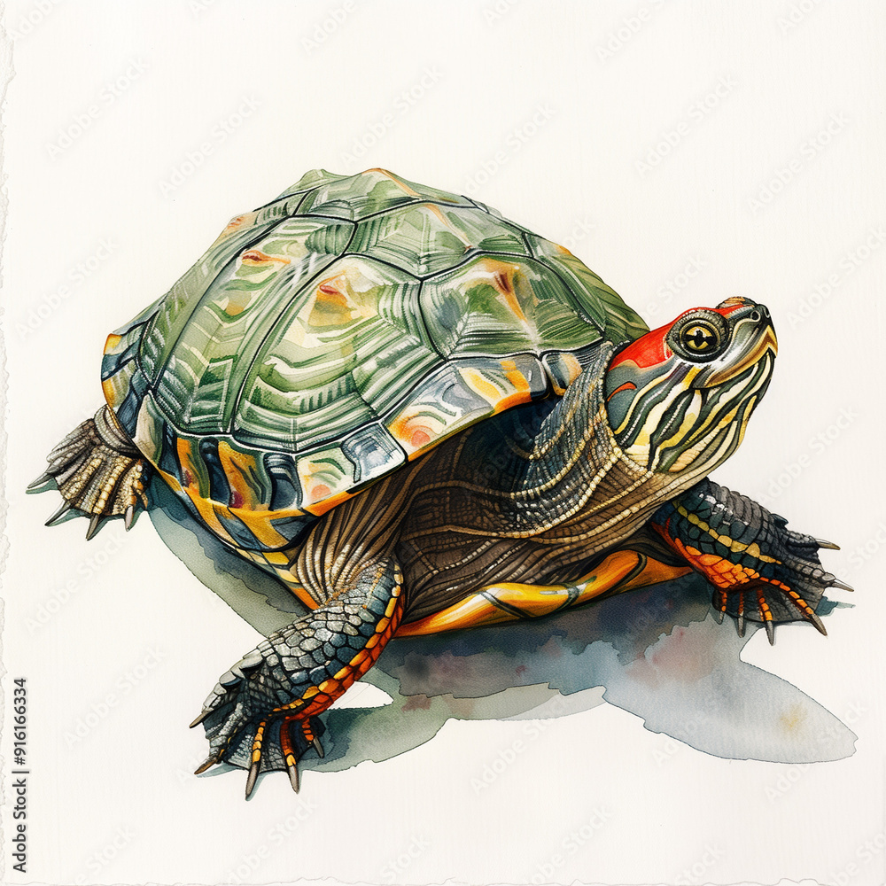 Fototapeta premium Red-eared slider turtle crawls forward in a detailed watercolor illustration isolated on a white background.