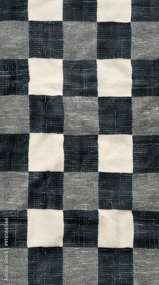 This woven fabric features a striking black and white checkered pattern with textured elements This woven fabric features a striking black and white checkered pattern with textured elements