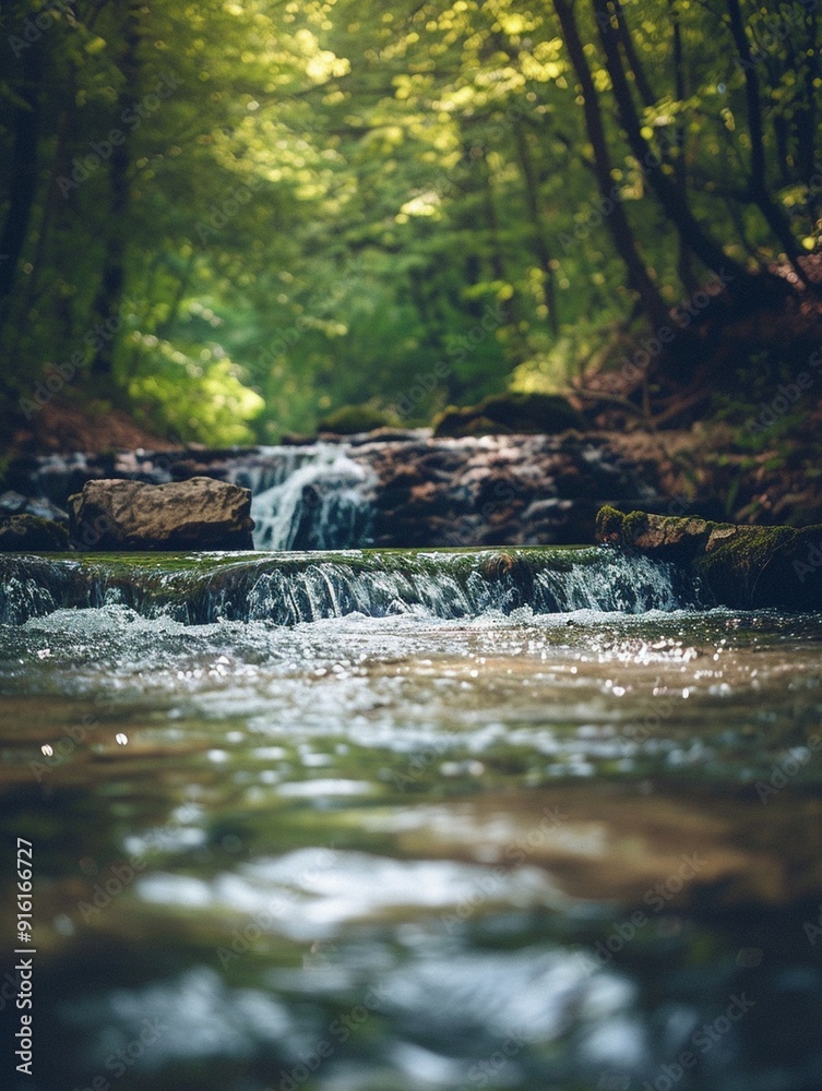 Tranquil Forest Stream: Serene Nature Waterfall in Lush Greenery Tranquil Forest Stream: Serene Nature Waterfall in Lush Greenery