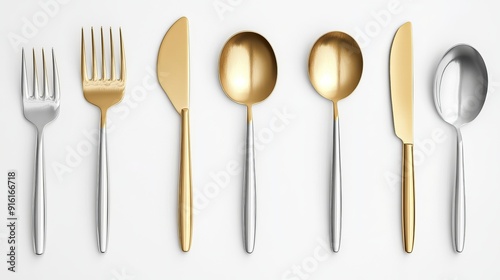 3D Watercolor Silver & Gold Utensils: Bold, Elegant Design photo