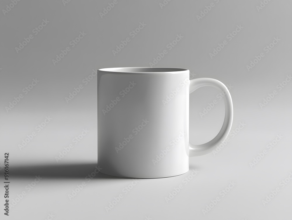 White mug with a subtle logo imprint, placed on a plain background with soft light White mug with a subtle logo imprint, placed on a plain background with soft light