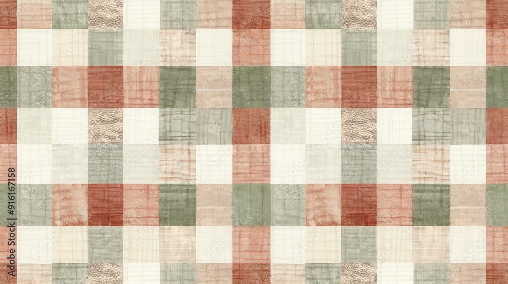 A textured checkered fabric with red, green, and cream squares arranged in a uniform pattern A textured checkered fabric with red, green, and cream squares arranged in a uniform pattern