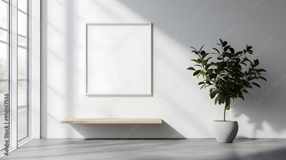 White frame with minimalist poster design on a plain white wall, soft shadows cast from natural light