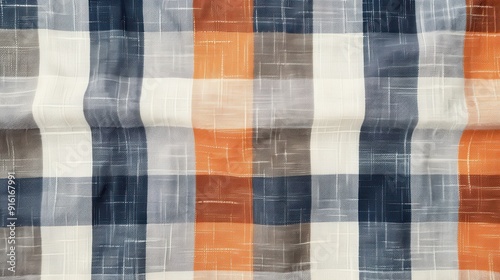 The colorful checkered fabric features a blend of blue  orange  gray  and white hues