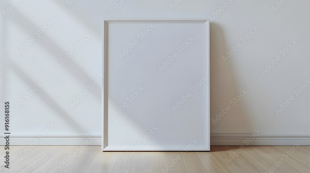 White frame with a blank poster leaning against a plain white wall on a light wooden floor White frame with a blank poster leaning against a plain white wall on a light wooden floor