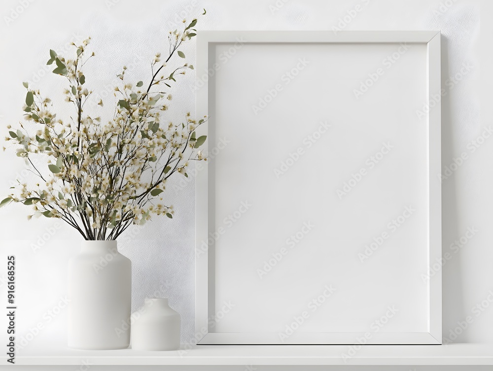 Close-up of a white frame with a minimalist print, displayed on a clean white shelf Close-up of a white frame with a minimalist print, displayed on a clean white shelf