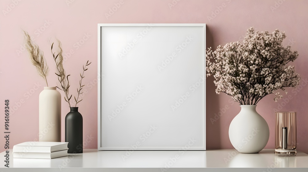 Poster in a white frame, displayed on a minimalist desk with a neutral background Poster in a white frame, displayed on a minimalist desk with a neutral background