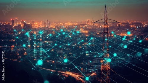 Wallpaper Mural Cityscape at Night with Power Lines and Network Connections Torontodigital.ca