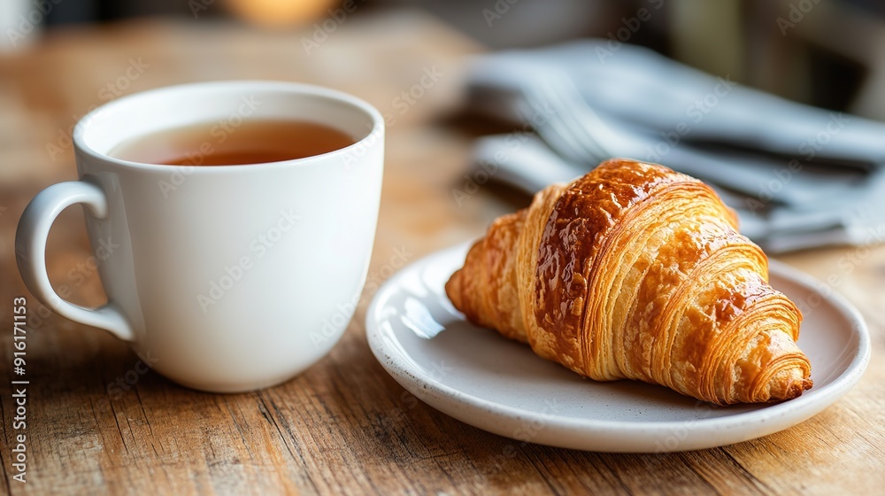 Mug of Tea and Croissant on a Plate: Cozy and Delicious Breakfast Setting Mug of Tea and Croissant on a Plate: Cozy and Delicious Breakfast Setting
