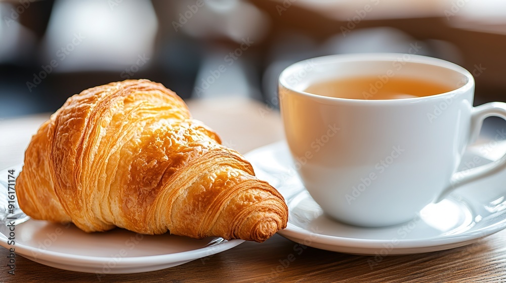 Mug of Tea and Croissant on a Plate: Cozy and Delicious Breakfast Setting Mug of Tea and Croissant on a Plate: Cozy and Delicious Breakfast Setting