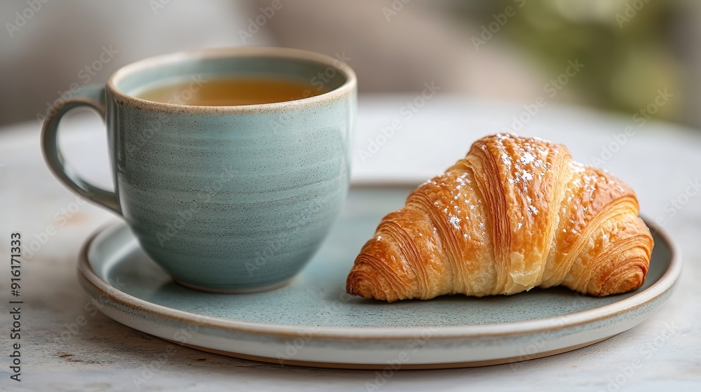 Mug of Tea and Croissant on a Plate: Cozy and Delicious Breakfast Setting Mug of Tea and Croissant on a Plate: Cozy and Delicious Breakfast Setting