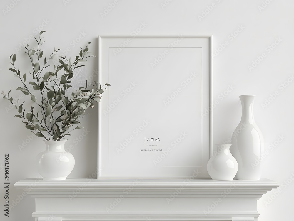 White frame with a minimalist text design, leaning on a clean white mantelpiece White frame with a minimalist text design, leaning on a clean white mantelpiece