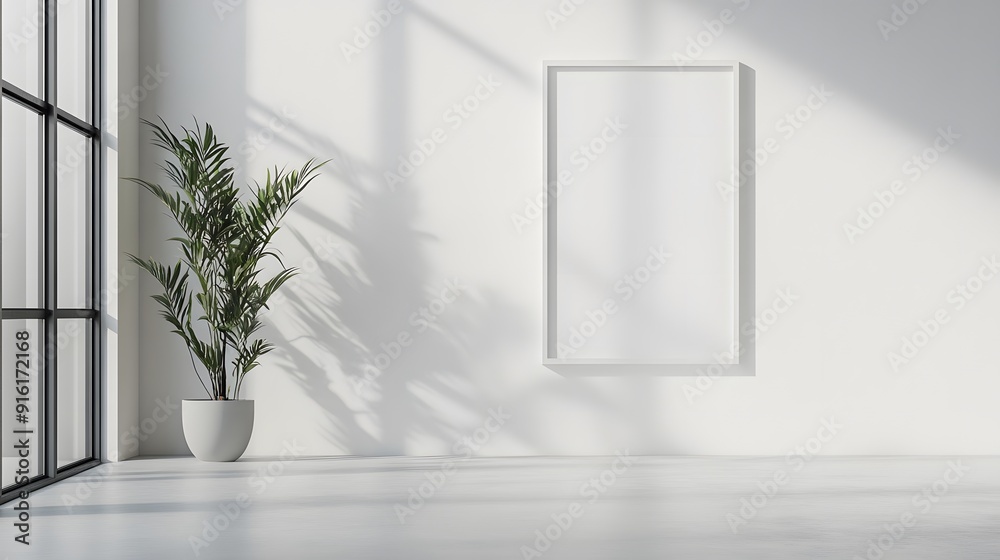 Minimalist poster in a white frame, standing on a light grey floor against a white wall Minimalist poster in a white frame, standing on a light grey floor against a white wall