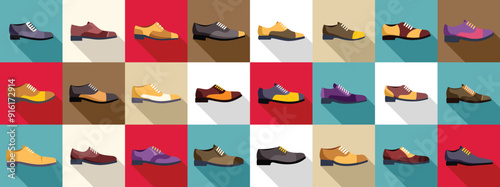 Oxford shoes icons set. Large set of various classic male shoes with long shadow on colorful background