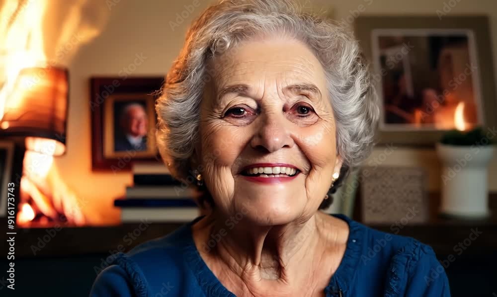 Portrait of a smiling senior woman in front of fireplace at home Portrait of a smiling senior woman in front of fireplace at home