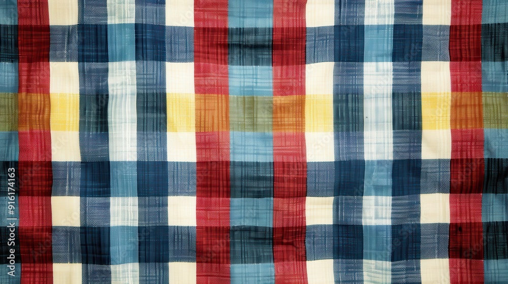 A bright, checkered fabric featuring a mix of colors spread out on a flat surface A bright, checkered fabric featuring a mix of colors spread out on a flat surface