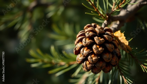 Closeup of a Pine Cone on a Branch.