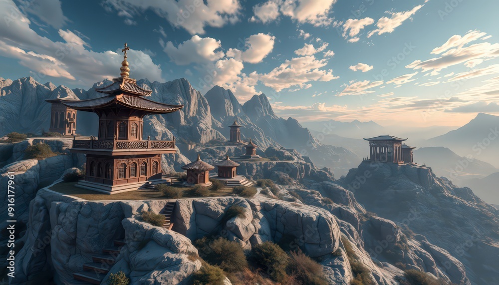 Obraz premium Ancient Temples on Mountain Peaks.