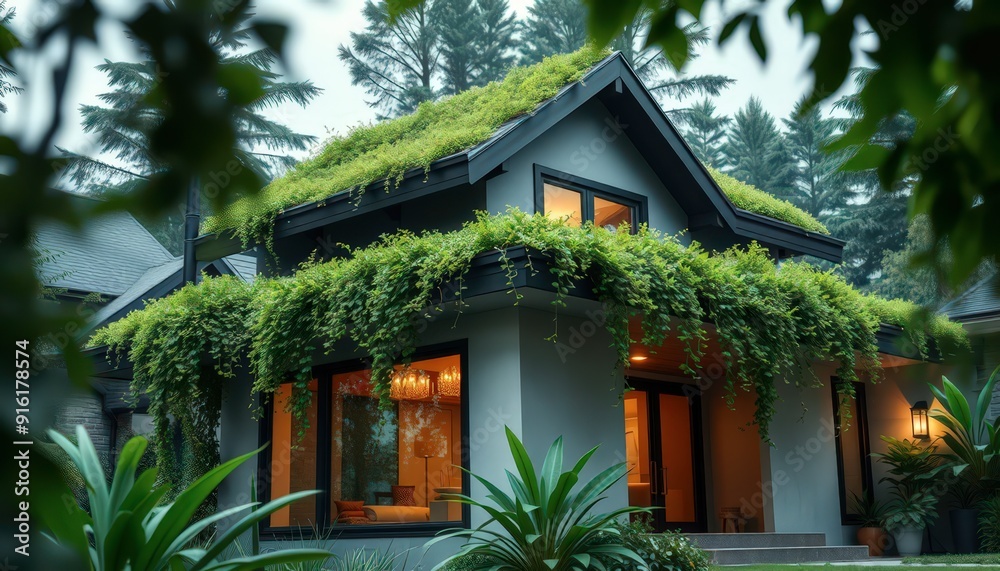 Modern House with Green Roof and Lush Greenery. Modern House with Green Roof and Lush Greenery.