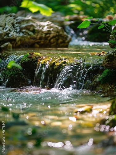 Tranquil Forest Stream with Cascading Water and Lush Greenery