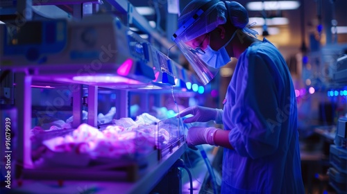 Laboratory technician working under purple lighting on scientific research photo