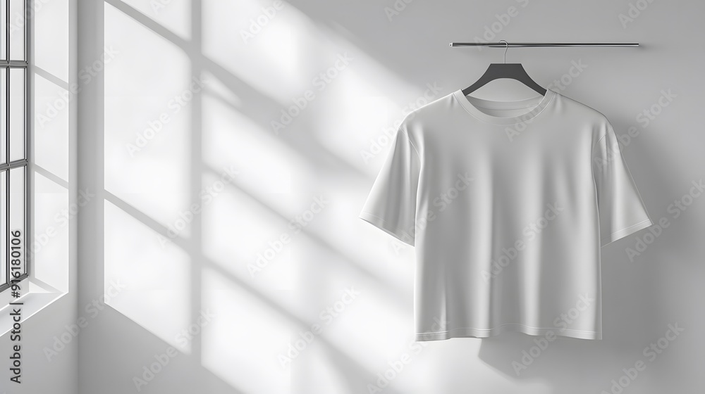 White t-shirt mockup hanging on a sleek metal hanger against a white studio backdrop White t-shirt mockup hanging on a sleek metal hanger against a white studio backdrop