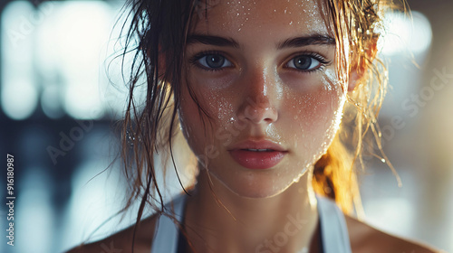 young Japanese girl in gym room, full of sweat