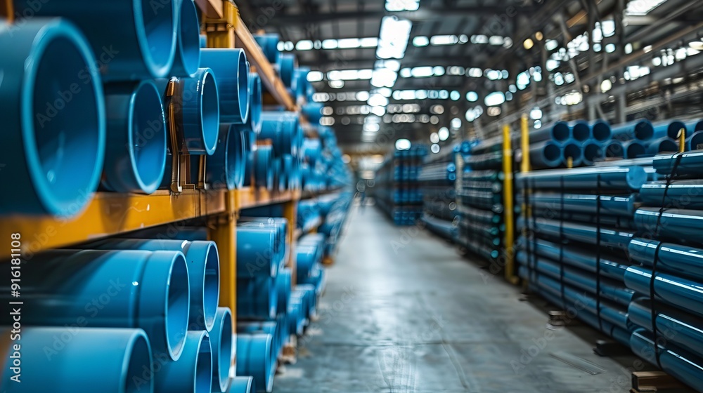 Fototapeta premium Industrial warehouse filled with blue plastic pipes arranged in rows