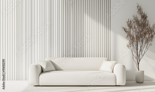 3d rendering, Minimalist interior design of a modern living room with a white sofa and decorative slats on the wall.