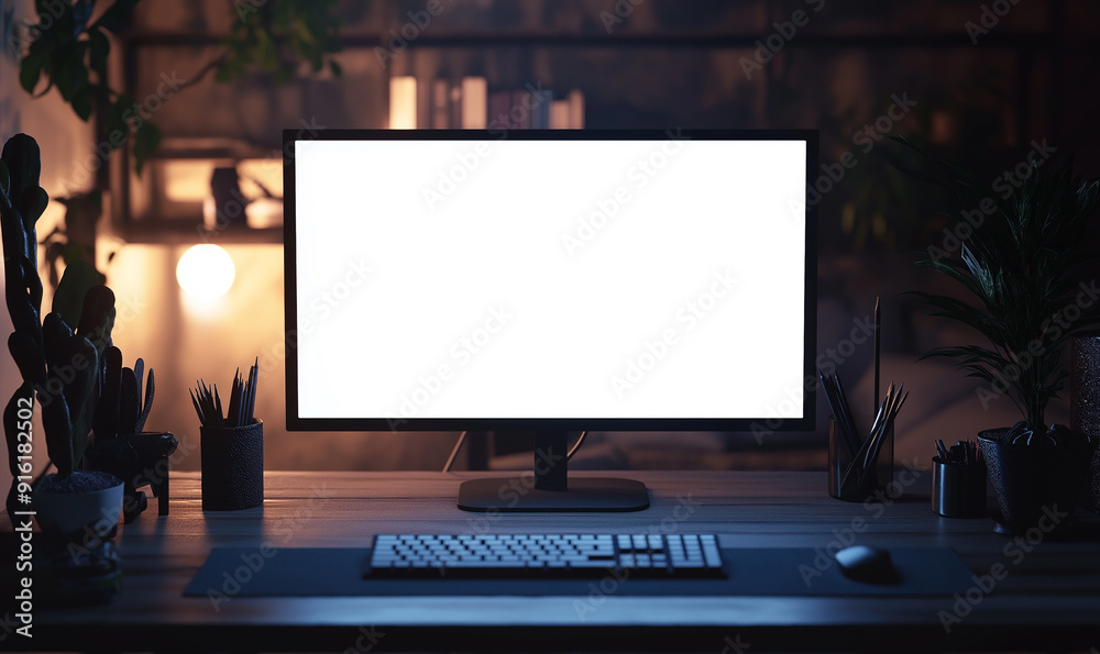 Front view of blank white screen on desktop monitor with keyboard and mouse in modern home office interior, mockup for design presentation template Front view of blank white screen on desktop monitor with keyboard and mouse in modern home office interior, mockup for design presentation template