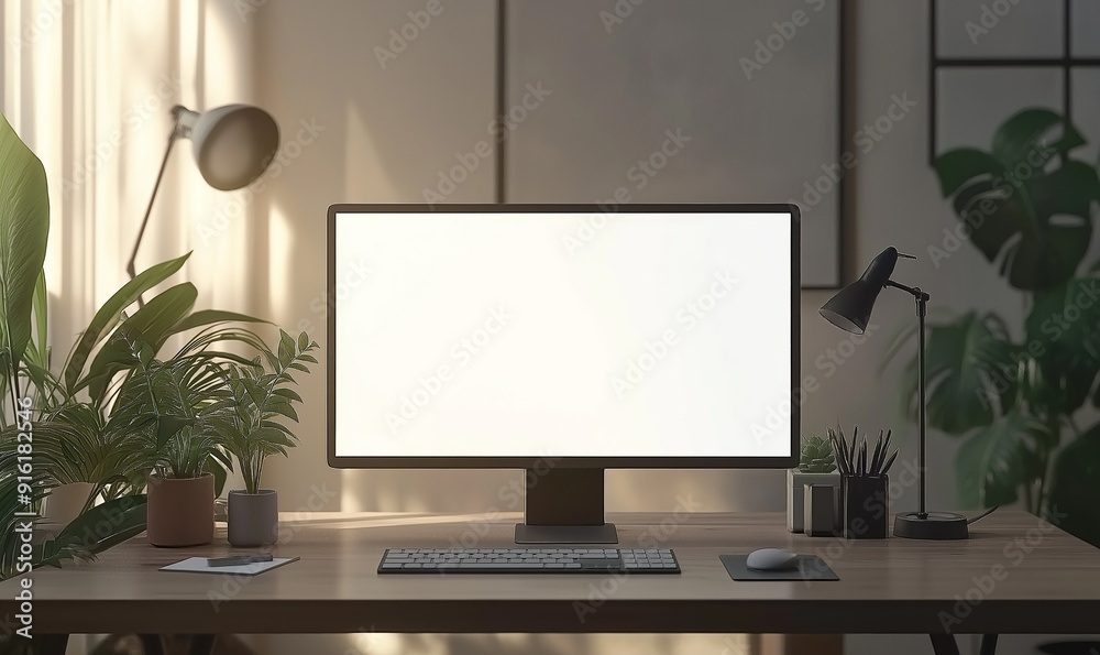 Front view of blank white screen on desktop monitor with keyboard and mouse in modern home office interior, mockup for design presentation template Front view of blank white screen on desktop monitor with keyboard and mouse in modern home office interior, mockup for design presentation template