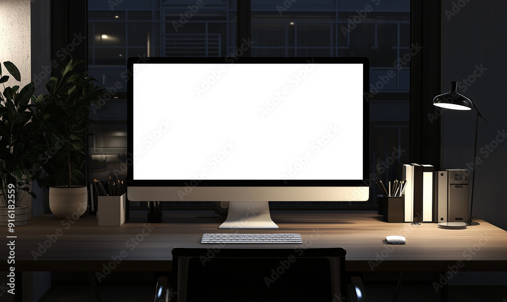 Front view of blank white screen on desktop monitor with keyboard and mouse in modern home office interior, mockup for design presentation template Front view of blank white screen on desktop monitor with keyboard and mouse in modern home office interior, mockup for design presentation template