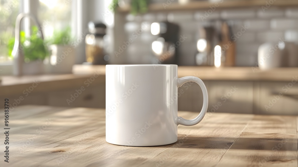 White mug mockup in a minimalistic kitchen setting with soft, diffused light White mug mockup in a minimalistic kitchen setting with soft, diffused light