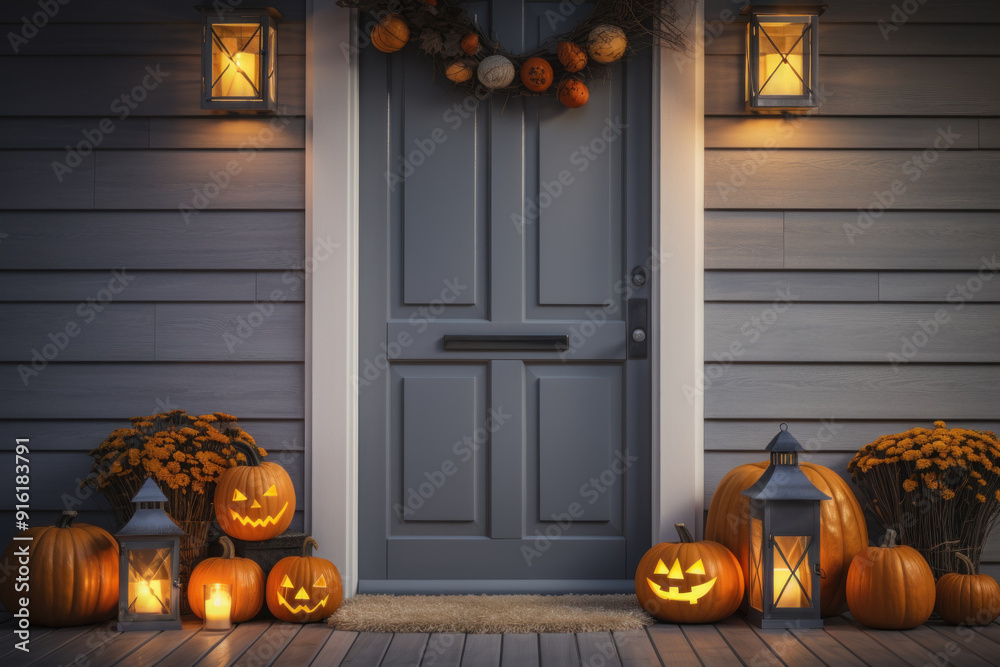 Obraz premium The entrance to the house is decorated with jack-o'-lanterns, pumpkins and garlands.