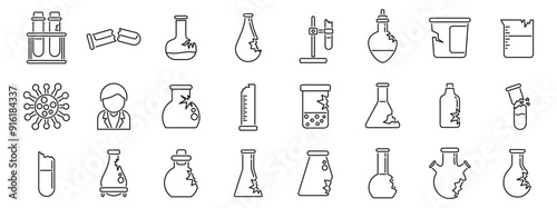 Broken laboratory glassware icons set. Scientist in a lab coat analyzing a variety of broken chemistry glassware