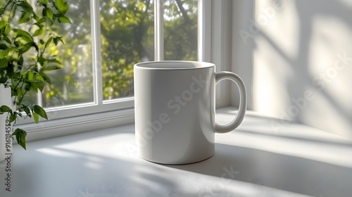 White mug mockup on a smooth white surface, with soft morning light coming through the window